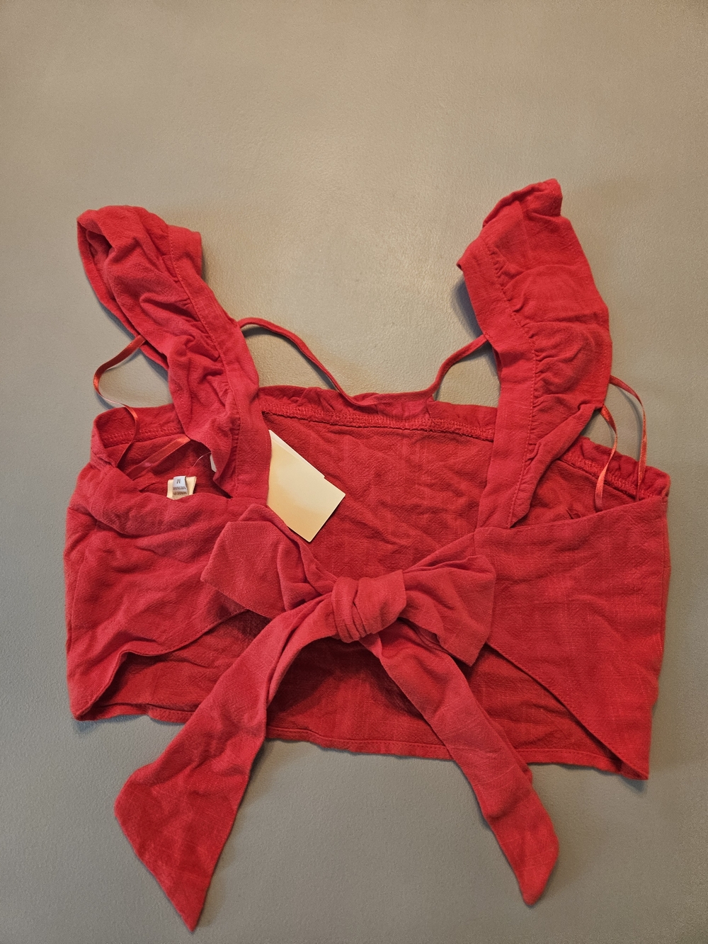 Monteau Red Ruffle Tie-Front Ruffle Strap Crop Top Linen Blend - Picture 4 of 7